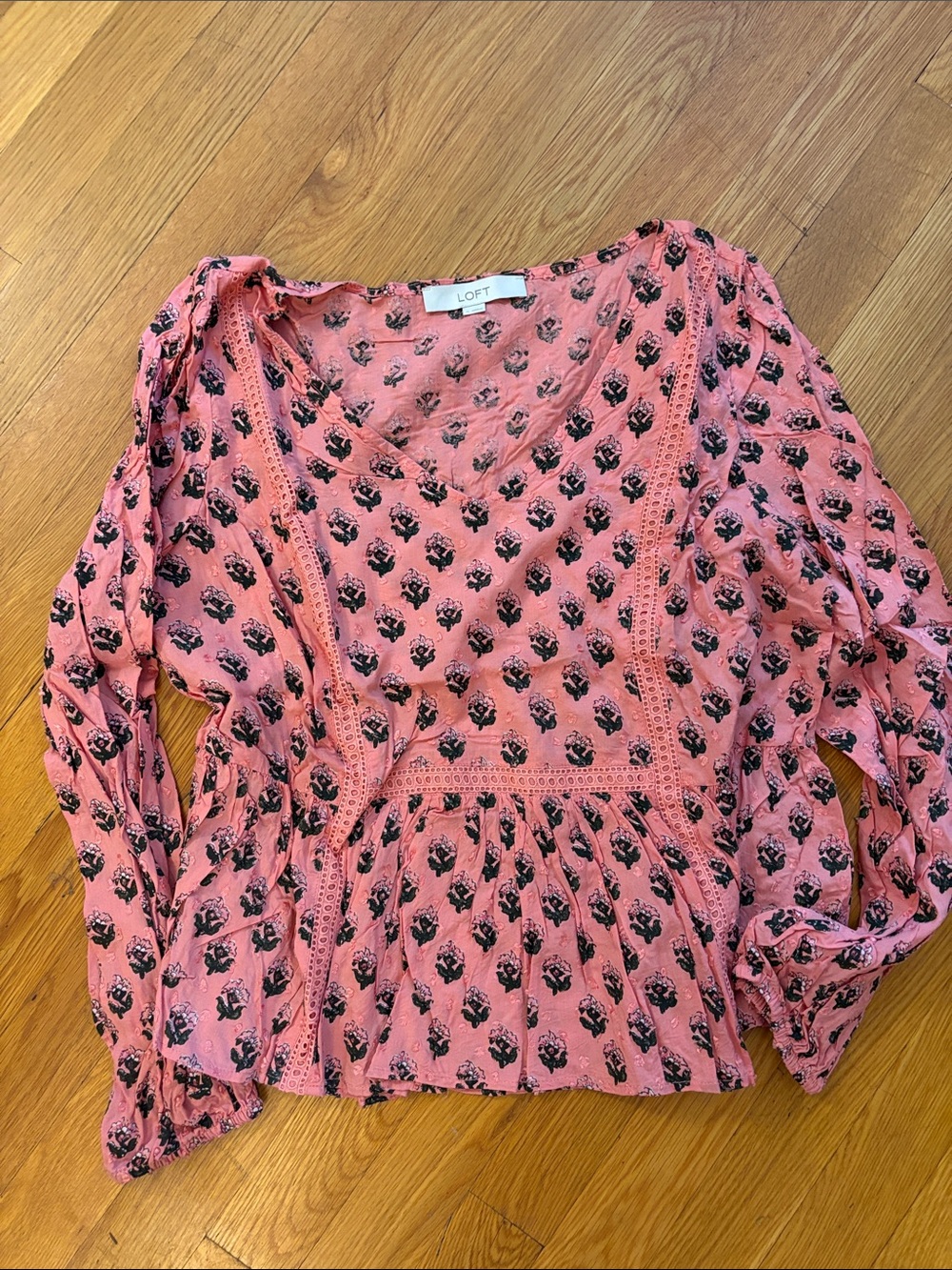 LOFT Coral Pink Floral Lace-Trim Peplum Blouse